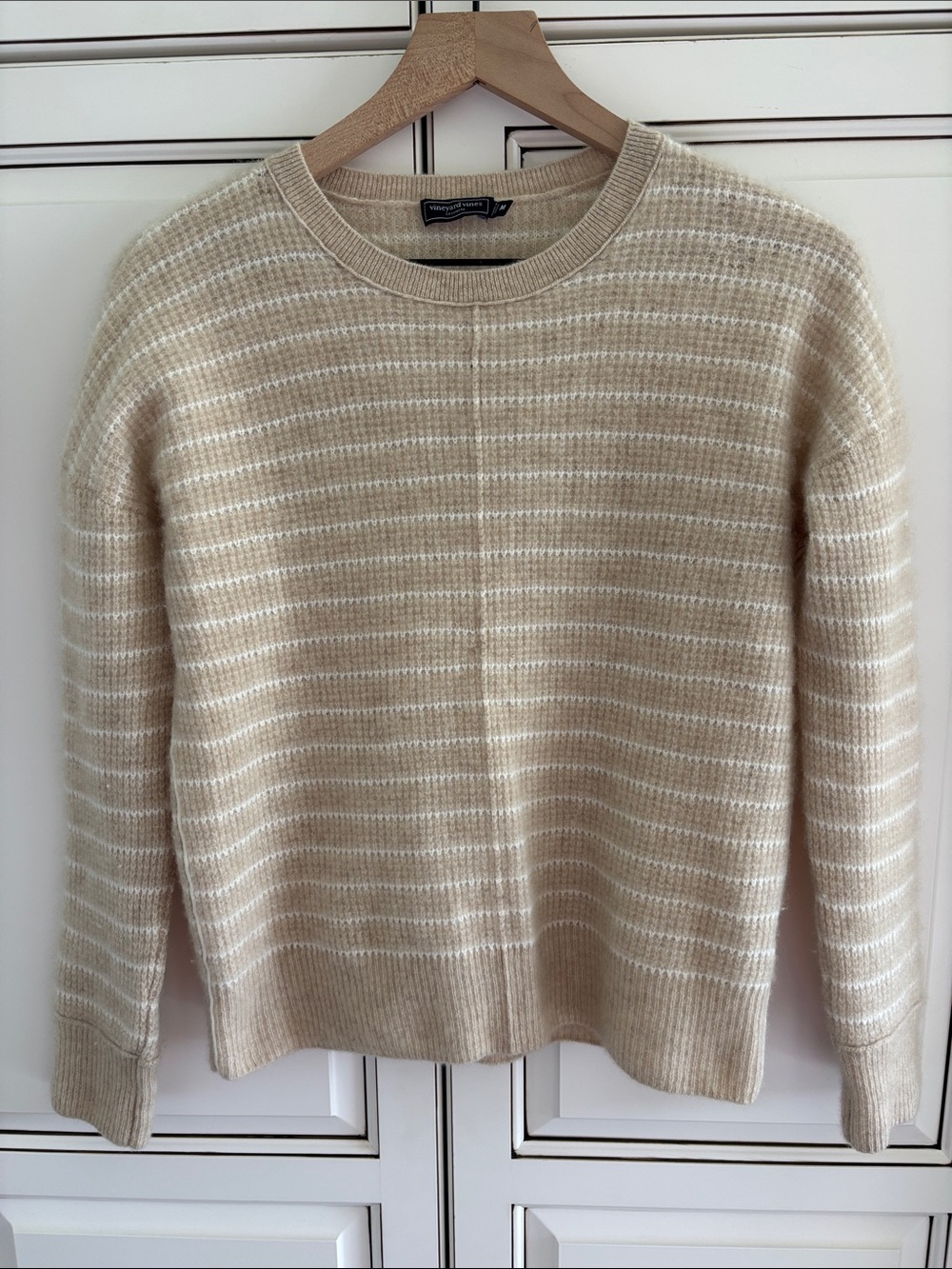 Vineyard Vines Cashmere Sweater Soft Tan White Striped Cozy Open Knit Womens M